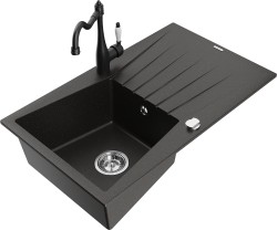 MEXEN/S - Cesar granitový dřez 1-miska s odkapávačem včetně baterie Carla, černá/zlatá metalik (6514-75-670700-70)