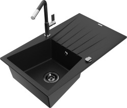 MEXEN/S - Cesar granitový dřez 1-miska s odkapávačem včetně baterie Flora, černá (6514-77-670401-07-B)