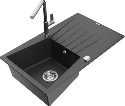 MEXEN/S - Cesar granitový dřez 1-miska s odkapávačem včetně baterie Flora, černá kropenatá (6514-76-670401-00)
