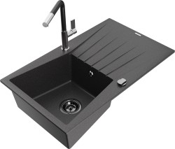 MEXEN/S - Cesar granitový dřez 1-miska s odkapávačem včetně baterie Flora, černá kropenatá (6514-76-670401-07-B)