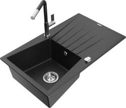 MEXEN/S - Cesar granitový dřez 1-miska s odkapávačem včetně baterie Flora, černá/stříbrná metalik (6514-73-670401-07)
