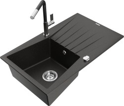 MEXEN/S - Cesar granitový dřez 1-miska s odkapávačem včetně baterie Flora, černá/zlatá metalik (6514-75-670401-07)