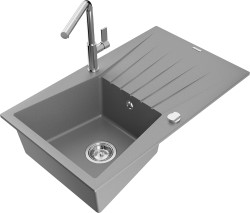MEXEN/S - Cesar granitový dřez 1-miska s odkapávačem včetně baterie Flora, šedá (6514-71-670401-00)