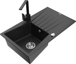 MEXEN/S - Cesar granitový dřez 1 s odkapávačem i baterią kuchenną Rita, černá/stříbrný metalik (6514-73-670300-70)