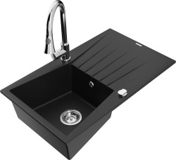 MEXEN/S - Cesar granitový dřez 1 s odkapávačem včetně baterie Elia, černá (6514-77-670101-00)