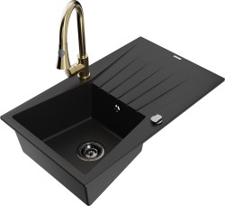 MEXEN/S - Cesar granitový dřez 1 s odkapávačem včetně baterie Elia, černá (6514-77-670101-50-B)
