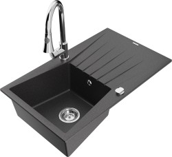 MEXEN/S - Cesar granitový dřez 1 s odkapávačem včetně baterie Elia, černá kropenatá (6514-76-670101-00)