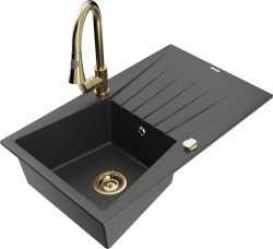 MEXEN/S - Cesar granitový dřez 1 s odkapávačem včetně baterie Elia, černá kropenatá (6514-76-670101-50)