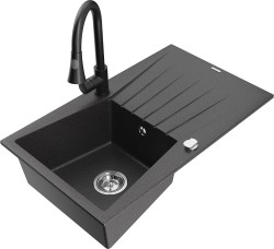 MEXEN/S - Cesar granitový dřez 1 s odkapávačem včetně baterie Elia, černá kropenatá (6514-76-670101-70)