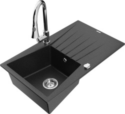 MEXEN/S - Cesar granitový dřez 1 s odkapávačem včetně baterie Elia, černá/stříbrná metalik (6514-73-670101-00)