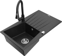 MEXEN/S - Cesar granitový dřez 1 s odkapávačem včetně baterie Elia, černá/stříbrná metalik (6514-73-670101-70)