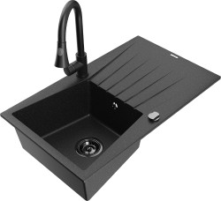 MEXEN/S - Cesar granitový dřez 1 s odkapávačem včetně baterie Elia, černá/stříbrná metalik (6514-73-670101-70-B)