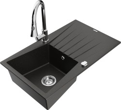 MEXEN/S - Cesar granitový dřez 1 s odkapávačem včetně baterie Elia, černá/zlatá metalik (6514-75-670101-00)