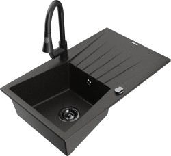 MEXEN/S - Cesar granitový dřez 1 s odkapávačem včetně baterie Elia, černá/zlatá metalik (6514-75-670101-70-B)