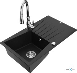 MEXEN/S - Cesar granitový dřez 1 s odkapávačem včetně baterie Savita, černá (6514-77-672601-00)