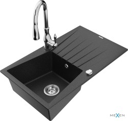 MEXEN/S - Cesar granitový dřez 1 s odkapávačem včetně baterie Savita, černá/stříbrná metalik (6514-73-672601-00)