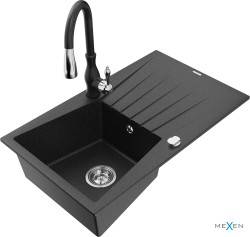 MEXEN/S - Cesar granitový dřez 1 s odkapávačem včetně baterie Savita, černá/stříbrná metalik (6514-73-672601-70)