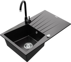 MEXEN/S - Cesar granitový dřez 1 s odkapávačem včetně baterie Telma, černá (6514-77-670200-70)