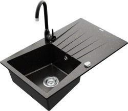 MEXEN/S - Cesar granitový dřez 1 s odkapávačem včetně baterie Telma, černá/zlatý (6514-75-670200-70)