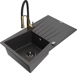MEXEN/S - Cesar granitový dřez s odkapávačem včetně baterie Aster, černá kropenatá (6514-76-73450-57-B)