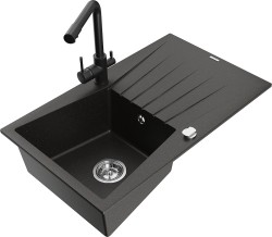 MEXEN/S - Cesar granitový dřez s odkapávačem včetně baterie Duero, černá/zlatá metalik (6514-75-671600-70)