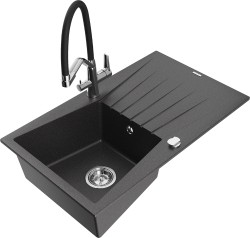 MEXEN/S - Cesar granitový dřez s odkapávačem včetně baterie Duo, černá kropenatá (6514-76-671701-07)