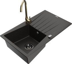 MEXEN/S - Cesar granitový dřez s odkapávačem včetně baterie Telma, černá/zlatá (6514-75-670200-50-B)