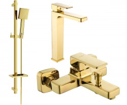 MEXEN/S - Cetus DQ45 Set umyvadlové a vanové baterie s příslušenstvím, zlato (744313DQ45-50)