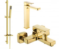 MEXEN/S - Cetus DQ77 Set umyvadlové a vanové baterie s příslušenstvím, zlato (744313DQ77-50)