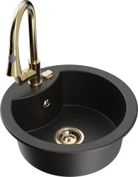 MEXEN/S - Diego granitový dřez 1-miska včetně baterie Elia, černá/zlatá metalik (6512-75-670101-50)