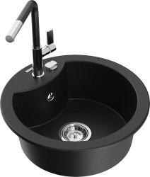 MEXEN/S - Diego granitový dřez 1-miska včetně baterie Flora, černá (6512-77-670401-07)