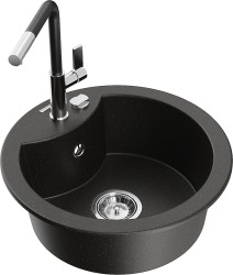 MEXEN/S - Diego granitový dřez 1-miska včetně baterie Flora, černá/zlatá metalik (6512-75-670401-07)