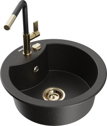 MEXEN/S - Diego granitový dřez 1-miska včetně baterie Flora, černá/zlatá metalik (6512-75-670401-57-G)