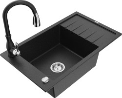 MEXEN/S - Elias Elias granitový dřez 1-miska s odkapávačem včetně baterie Savita, černá/stříbrná metalik (6511-73-672601-70)