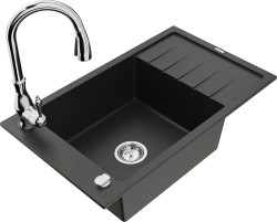 MEXEN/S - Elias Elias granitový dřez 1-miska s odkapávačem včetně baterie Savita, černá/zlatá metalik (6511-75-672601-00)
