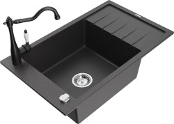 MEXEN/S - Elias granitový dřez 1-miska s odkapávačem včetně baterie Carla, černá kropenatá (6511-76-670700-70)