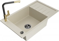 MEXEN/S - Elias granitový dřez 1-miska s odkapávačem včetně baterie Flora, béžový (6511-69-670401-57-B)