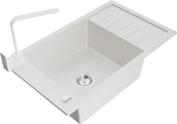 MEXEN/S - Elias granitový dřez 1-miska s odkapávačem včetně baterie Rita, bílá (6511-20-670300-20)