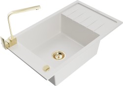 MEXEN/S - Elias granitový dřez 1-miska s odkapávačem včetně baterie Rita, bílá (6511-20-670300-50)