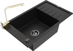 MEXEN/S - Elias granitový dřez 1-miska s odkapávačem včetně baterie Rita, černý (6511-77-670300-50-B)