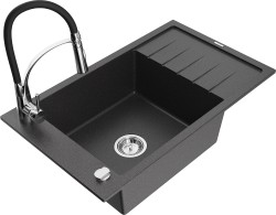 MEXEN/S - Elias granitový dřez 1 s odkapávačem včetně baterie Aster, černá kropenatá (6511-76-73450-07)
