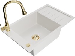 MEXEN/S - Elias granitový dřez 1 s odkapávačem včetně baterie Elia, bílá (6511-20-670101-50)