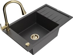 MEXEN/S - Elias granitový dřez 1 s odkapávačem včetně baterie Elia, černá kropenatá (6511-76-670101-50)