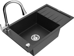 MEXEN/S - Elias granitový dřez 1 s odkapávačem včetně baterie Elia, černá/stříbrná metalik (6511-73-670101-00)