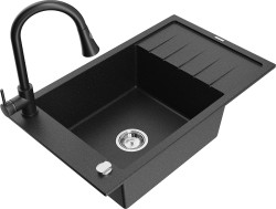 MEXEN/S - Elias granitový dřez 1 s odkapávačem včetně baterie Elia, černá/stříbrná metalik (6511-73-670101-70)