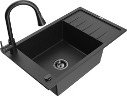 MEXEN/S - Elias granitový dřez 1 s odkapávačem včetně baterie Elia, černá/stříbrná metalik (6511-73-670101-70-B)