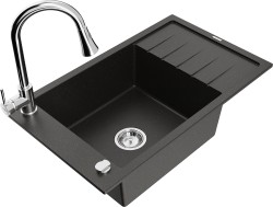MEXEN/S - Elias granitový dřez 1 s odkapávačem včetně baterie Elia, černá/zlatá metalik (6511-75-670101-00)