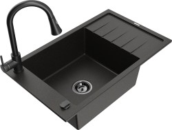 MEXEN/S - Elias granitový dřez 1 s odkapávačem včetně baterie Elia, černá/zlatá metalik (6511-75-670101-70-B)