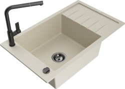 MEXEN/S - Elias granitový dřez 1 s odkapávačem včetně baterie Flora, béžová (6511-69-670401-70-B)