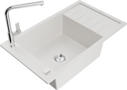 MEXEN/S - Elias granitový dřez 1 s odkapávačem včetně baterie Flora, bílá (6511-20-670401-00)
